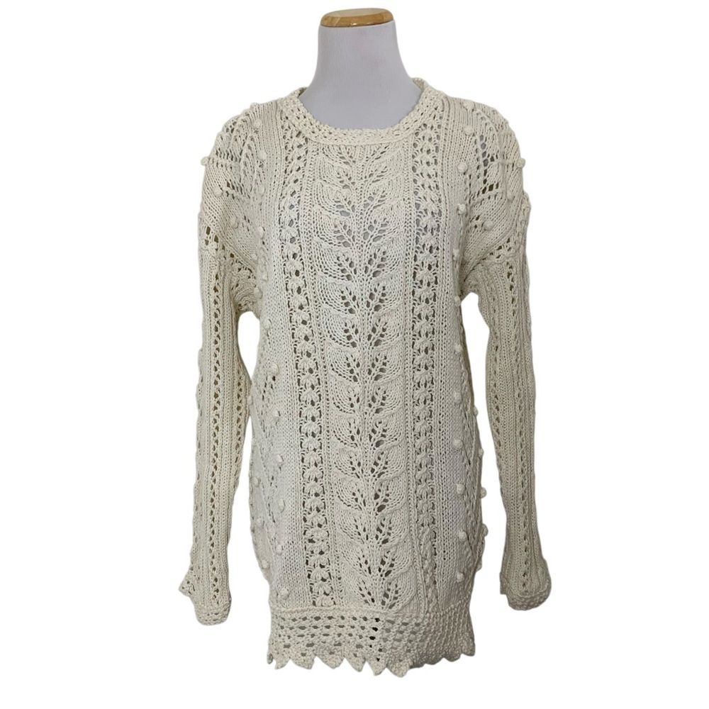 Vtg Chaus Longline Cable Knit Hobnail Sweater Womens M Ramie Cotton Cottage